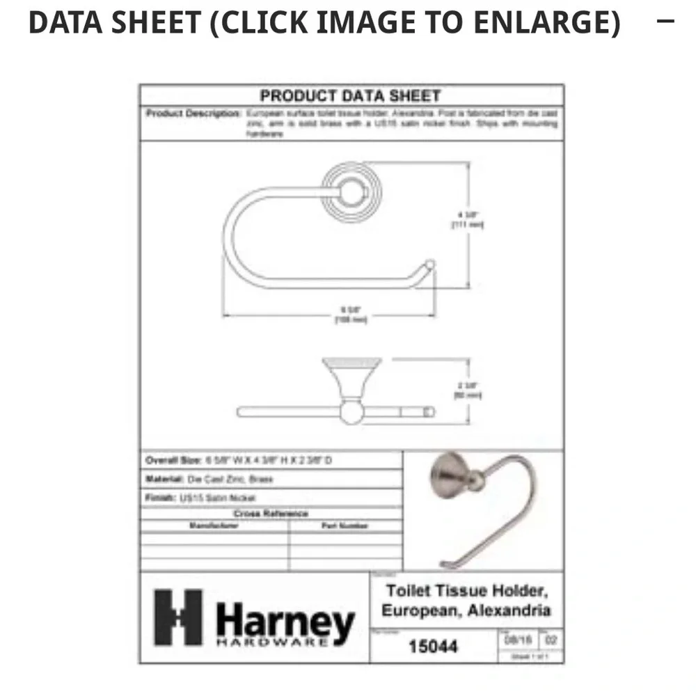 Harney Toliet Paper Holder, European, Alexandria Collection Satin Nickel NWT